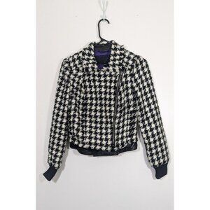 Guess Womens Houndstooth Moto Jacket Size S Black White Zip Up Faux Leather Trim